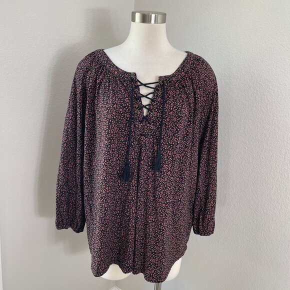 Chaps Womens Plus XXL Floral Lace Up Tassel Peasant Top Boho Blouse Shirt - Picture 1 of 9